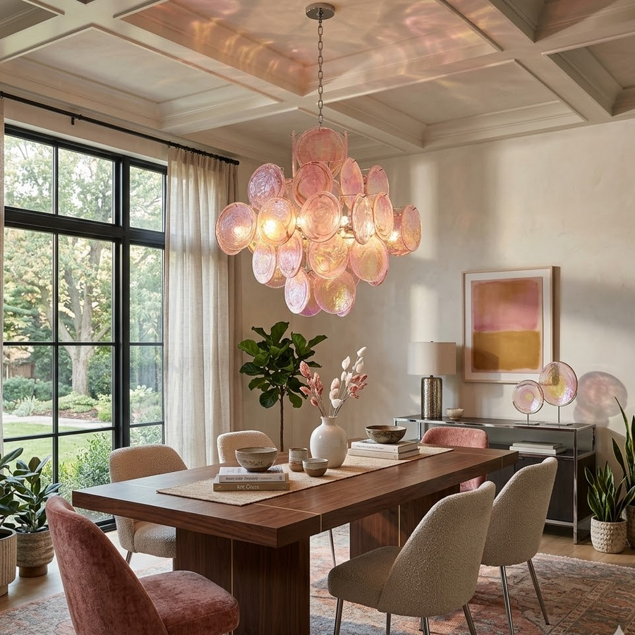 Aura Disc Chandelier in pink for Dining Room by AUVIELIGHT