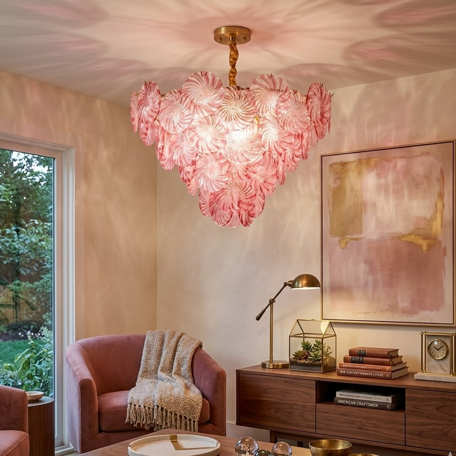 Swirl Disc Chandelier in pink glass for Dining Room by AUVIELIGHT