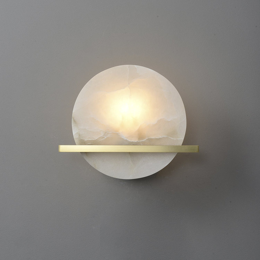 Anya Disc Wall Sconce in alabaster for Hallway by AUVIELIGHT, ∅ 11.8" x H 5.9" / Brass & White