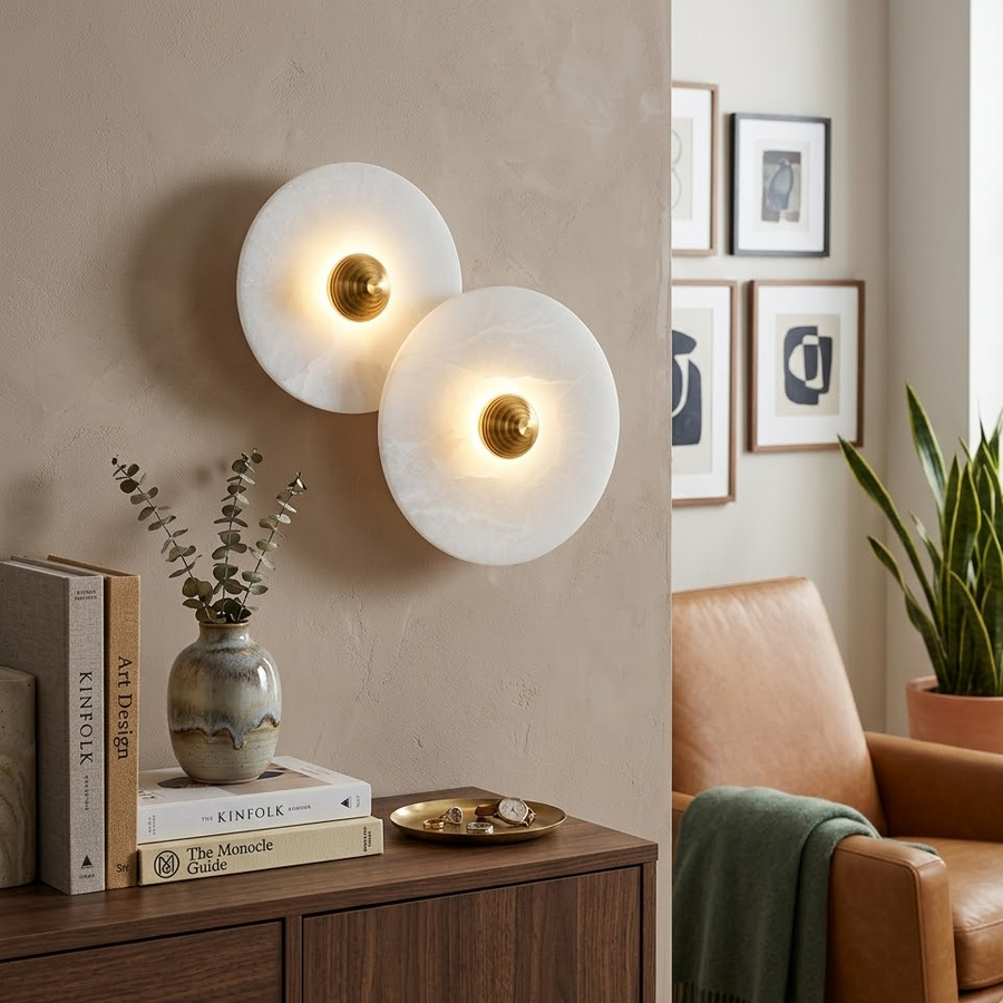 Solaris Disc Wall Light in alabaster for Hallway by AUVIELIGHT