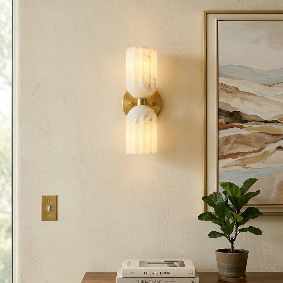 Dual Pillar Wall Sconce in alabaster for Hallway by AUVIELIGHT