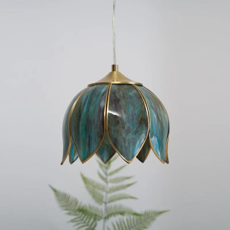 Lotus Pendant Light in glass for Kitchen Island by AUVIELIGHT, D 24cm x H 20cm / ∅ 9.8″ x H 7.8″ / Blue