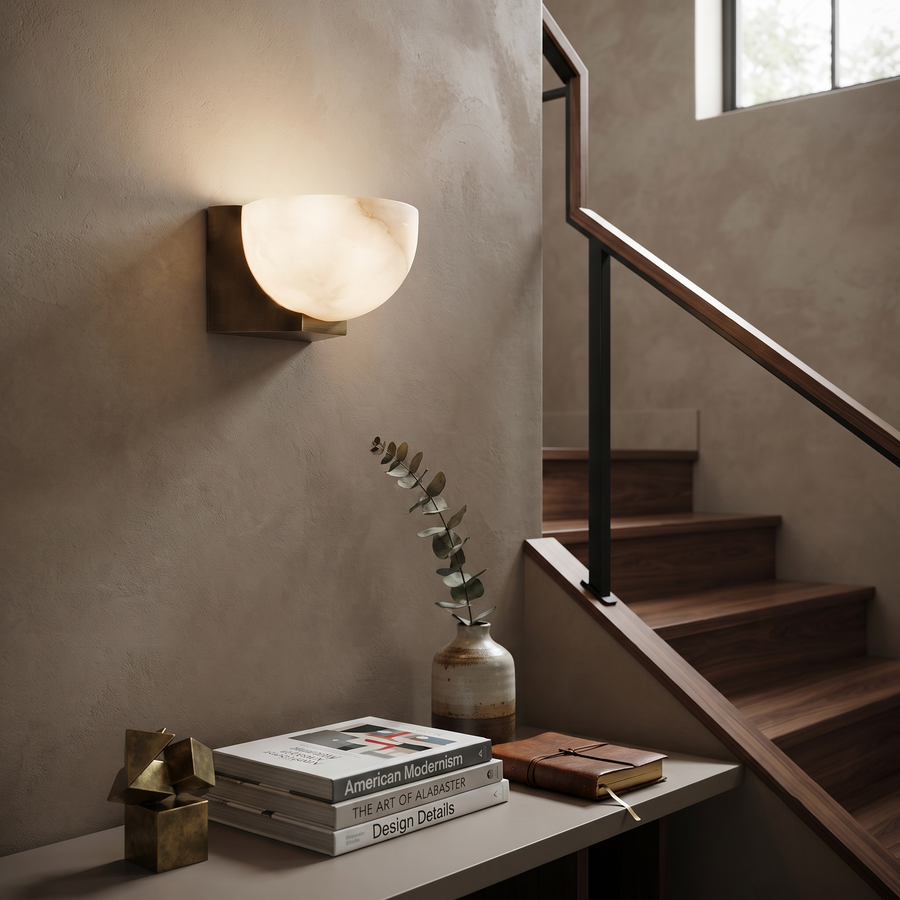 Luna Bowl Wall Sconce in alabaster for Hallway by AUVIELIGHT