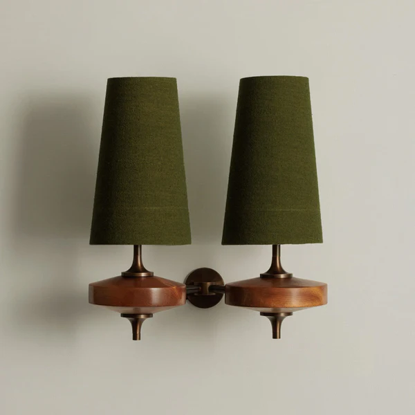 Modera Dual Wall Sconce in walnut for Hallway by AUVIELIGHT, L 34 × W 21 × H 39 cm / L 13.4″ × W 8.3″ × H 15.4″ / Walnut color & Green