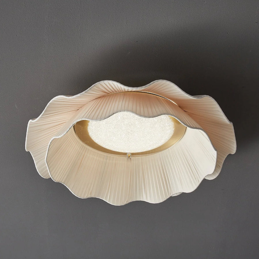 Pleated Fabric Wave Flush Mount for Low Ceilings by AUVIELIGHT, ∅ 19.7"x H 5.9" / Brass & Beige / Warm Light