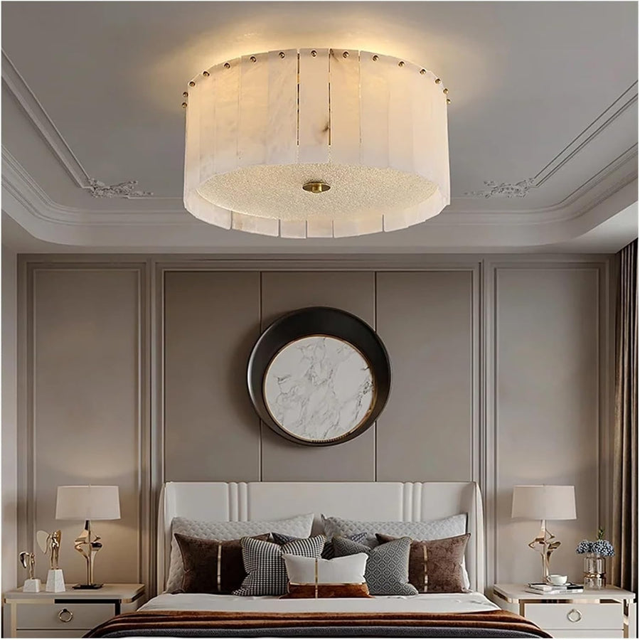 Pleated Round Flush Mount in alabaster for Low Ceilings by AUVIELIGHT