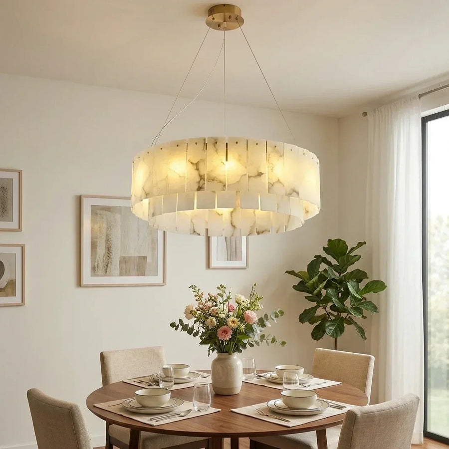 Round Layered Chandelier in alabaster for Dining Room by AUVIELIGHT, Dia 80cm x H 22cm / L 31.5″ x H 8.7″ / Gold + White