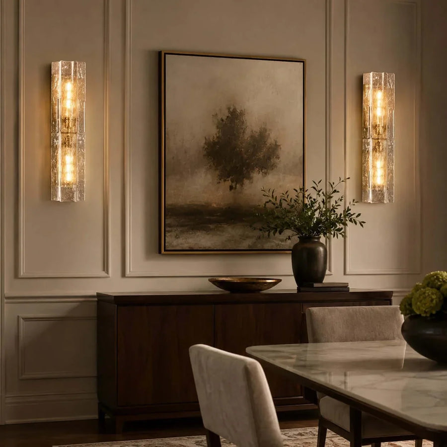 Sculptural Molten Vertical Wall Sconce in ice glass for Hallway by AUVIELIGHT
