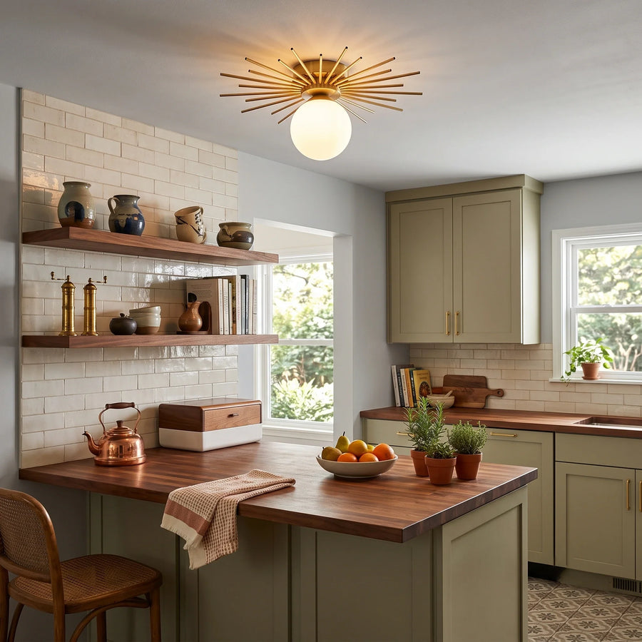 Sunburst Flush Mount in brass for Low Ceilings by AUVIELIGHT