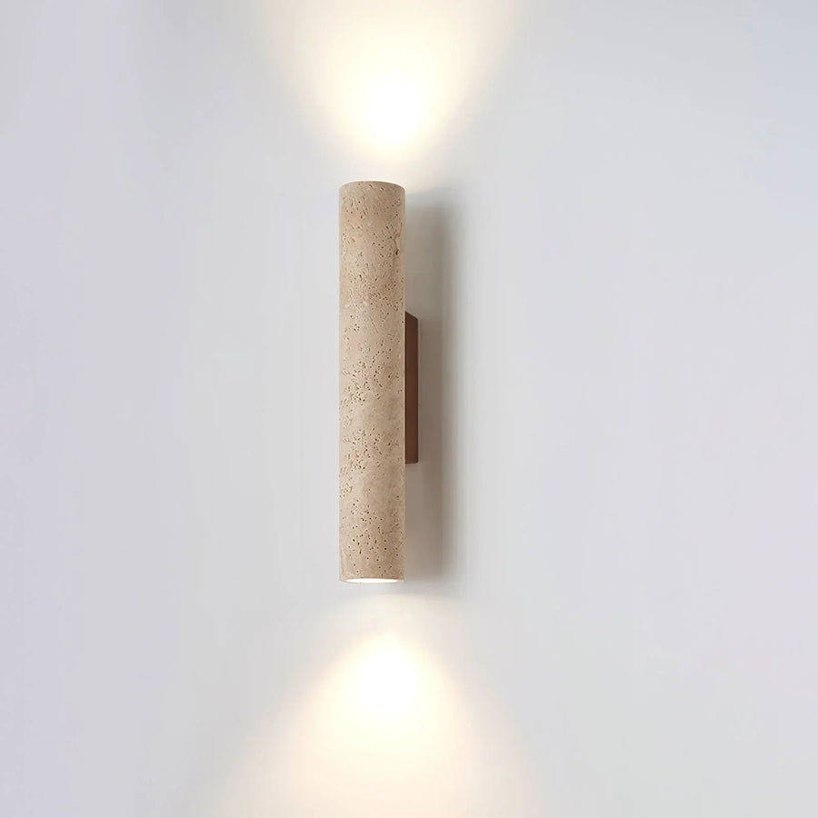 Cylinder Wall Sconce in travertine for Hallway by AUVIELIGHT, ∅ 2.6" x H 12.6" / Walnut Wood & Yellow Travertine