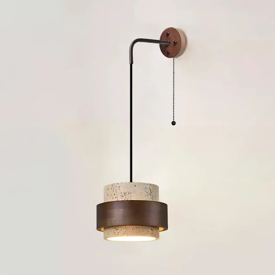 Modern Wall Sconce in travertine for Hallway by AUVIELIGHT, ∅ 6.7" xH4.9" (Pull chain switch) / Dark walnut & Yellow Travertine