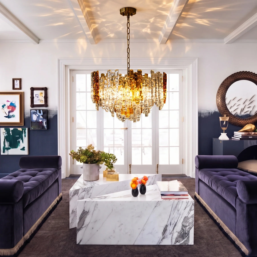 Brutalist Chandelier in amber ice glass for Dining Room by AUVIELIGHT