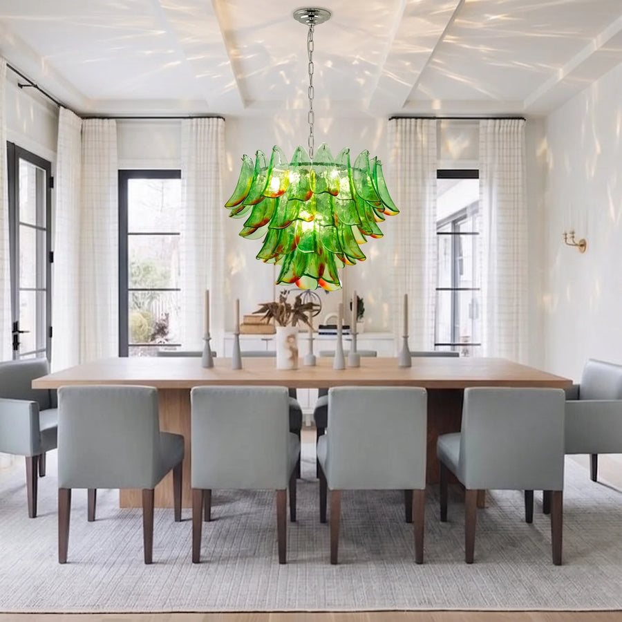 Modern Curved Petal Chandelier in emerald green glass for Dining Room by AUVIELIGHT