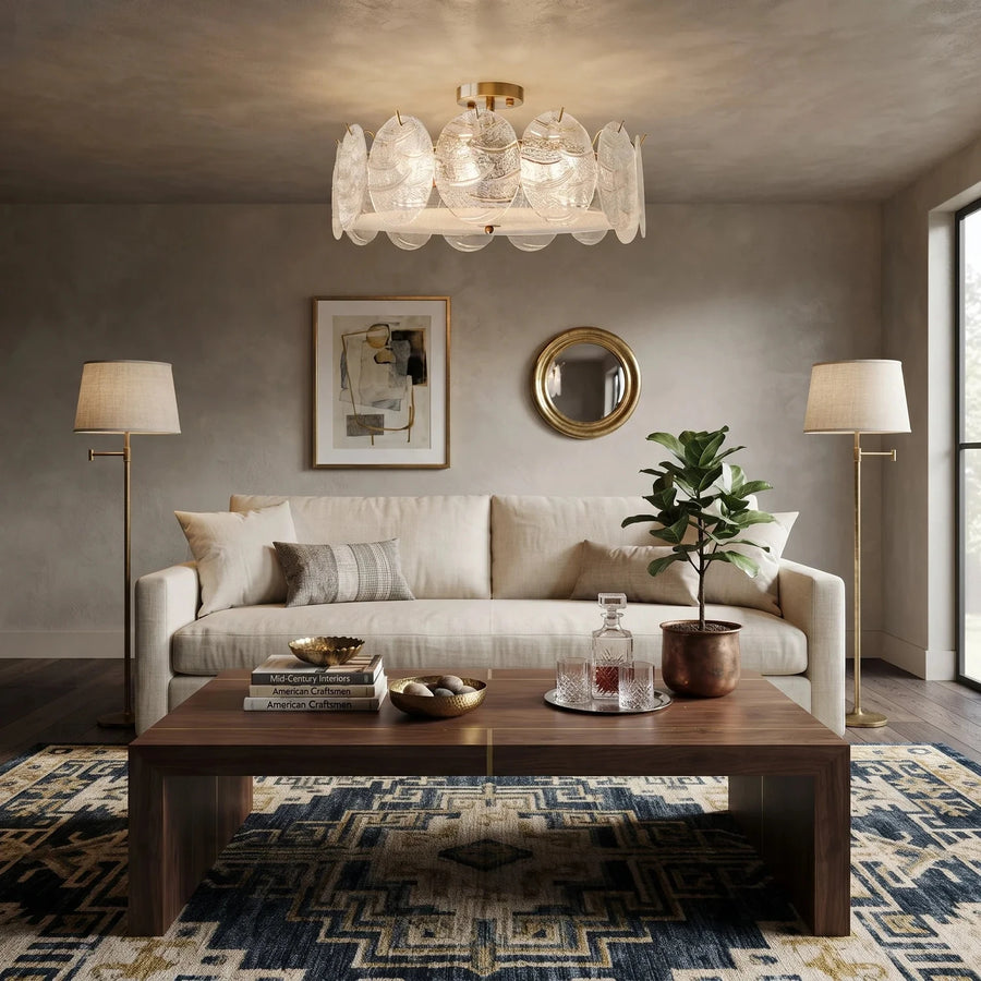 Sculptural Disc Drum Semi-Flush Mount in textured glass for Low Ceilings light fixture by AUVIELIGHT