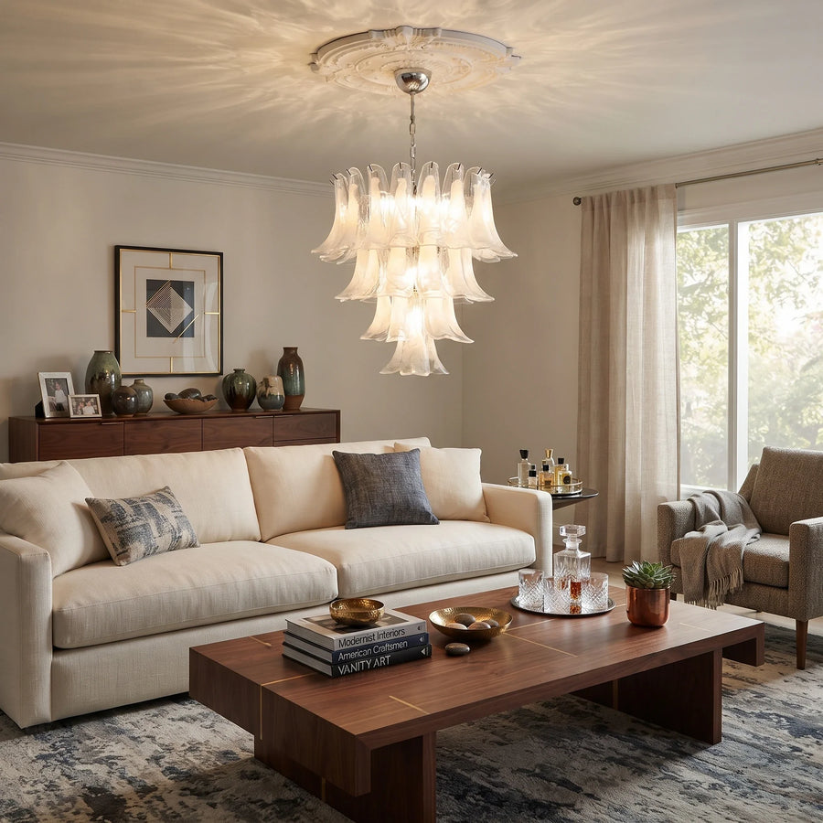 Sculptural Lily Blossom Chandelier in opal glass for Dining Room by AUVIELIGHT