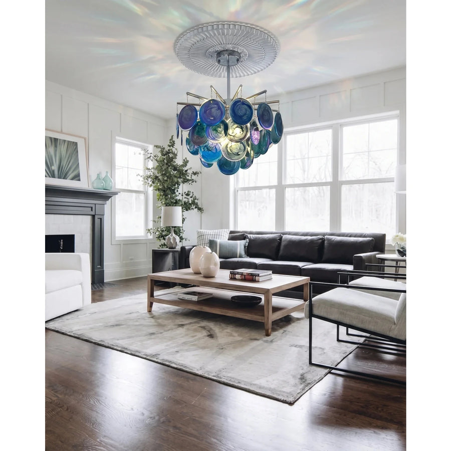 Sculptural Swirl Disc Chandelier in ocean blue glass for Dining Room light fixture by AUVIELIGHT
