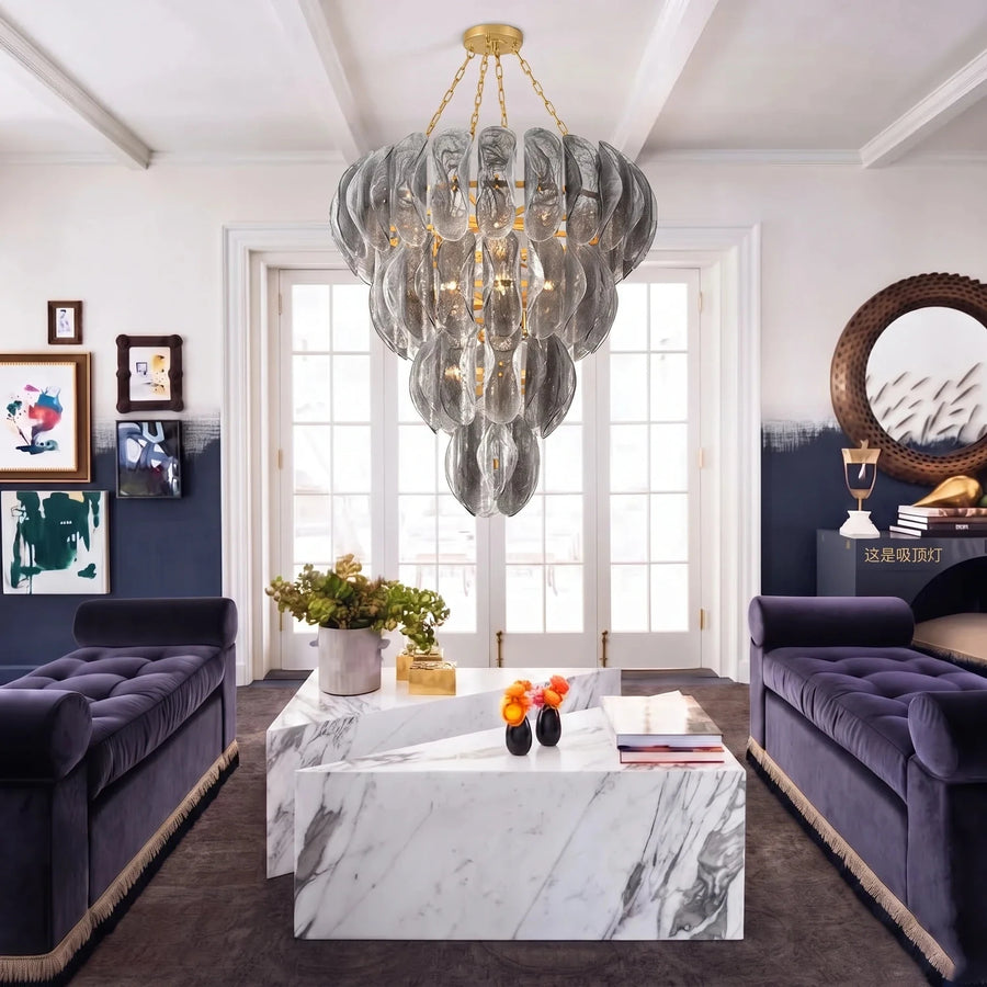 Sculptural Tiered Chandelier in smoke grey murano glass for Dining Room by AUVIELIGHT