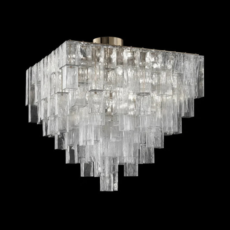 Sculptural Tiered Flush Mount in clear ice glass for Low Ceilings by AUVIELIGHT, L 33.2" x W 33.2" x H 31.5" / Clear
