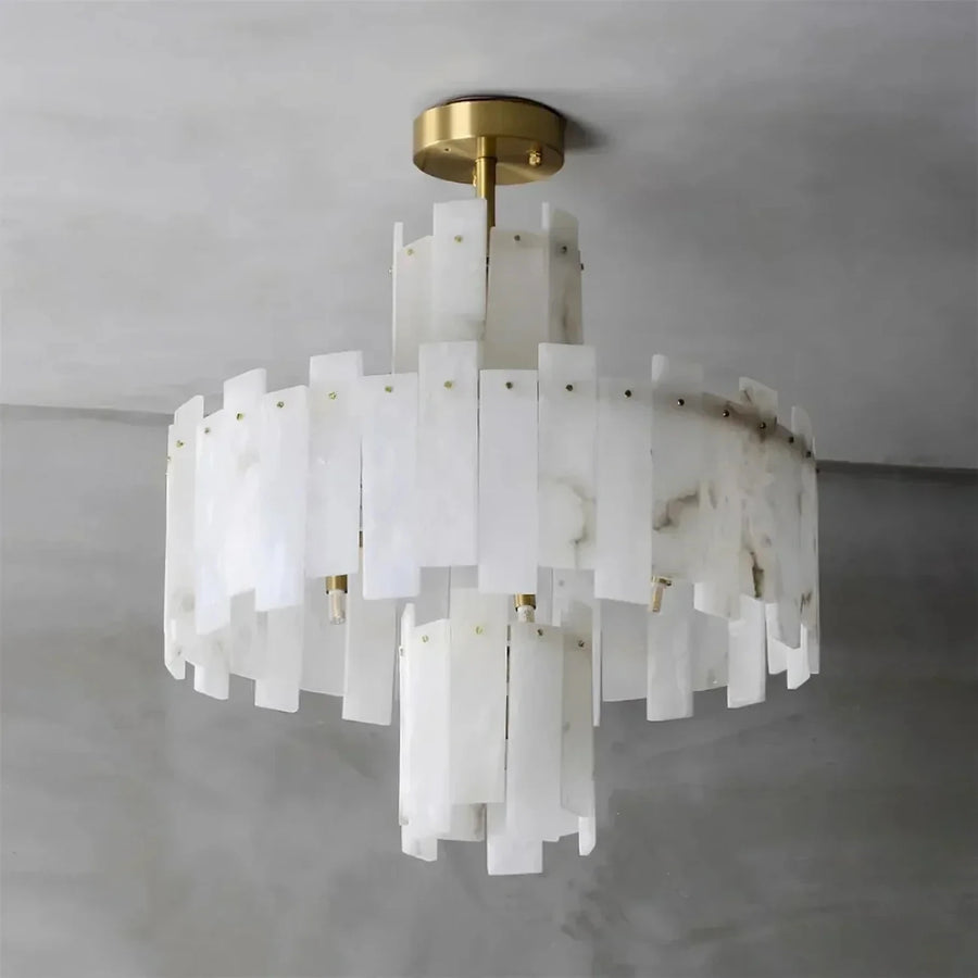 Sculptural Tiered Semi-Flush Mount in alabaster for Low Ceilings by AUVIELIGHT, Dia 100cm x H 68cm / ∅ 39.1″ x H 26.7″ / Brass & White