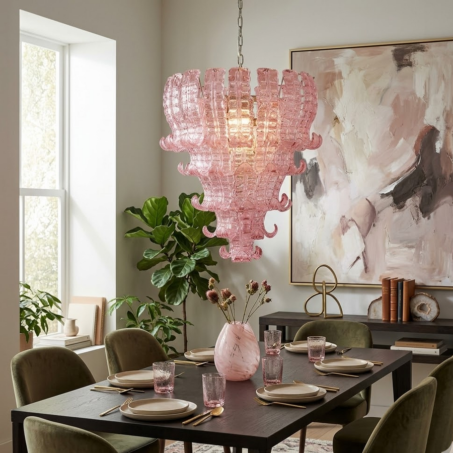 Ribbon Tiered Chandelier in pink glass for Dining Room by AUVIELIGHT