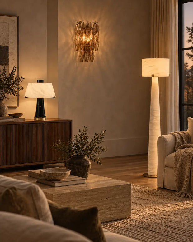 Layered wall, table and floor lighting in a warm contemporary living room — AUVIELIGHT