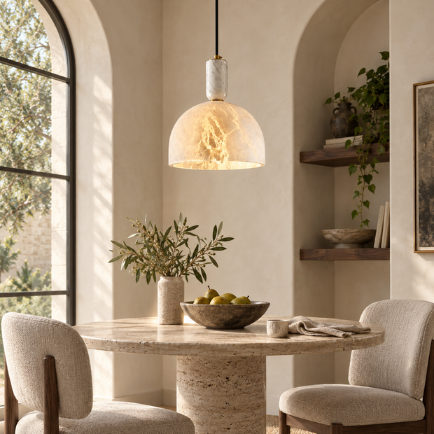 Alabaster pendant lighting above a warm contemporary kitchen dining area — AUVIELIGHT