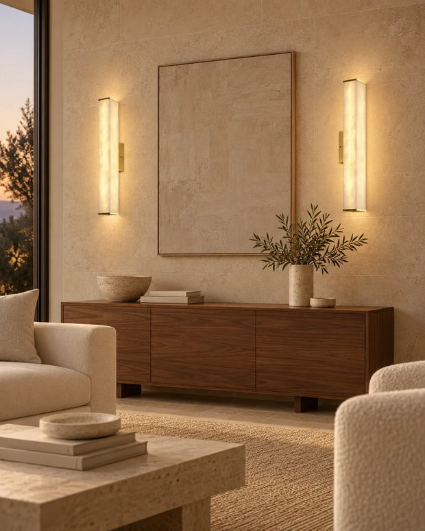Warm alabaster wall lights in a contemporary living room — AUVIELIGHT