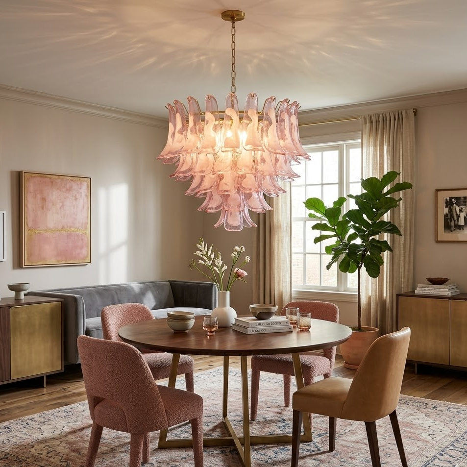 Athena Petal Chandelier in blush pink for Dining Room by AUVIELIGHT