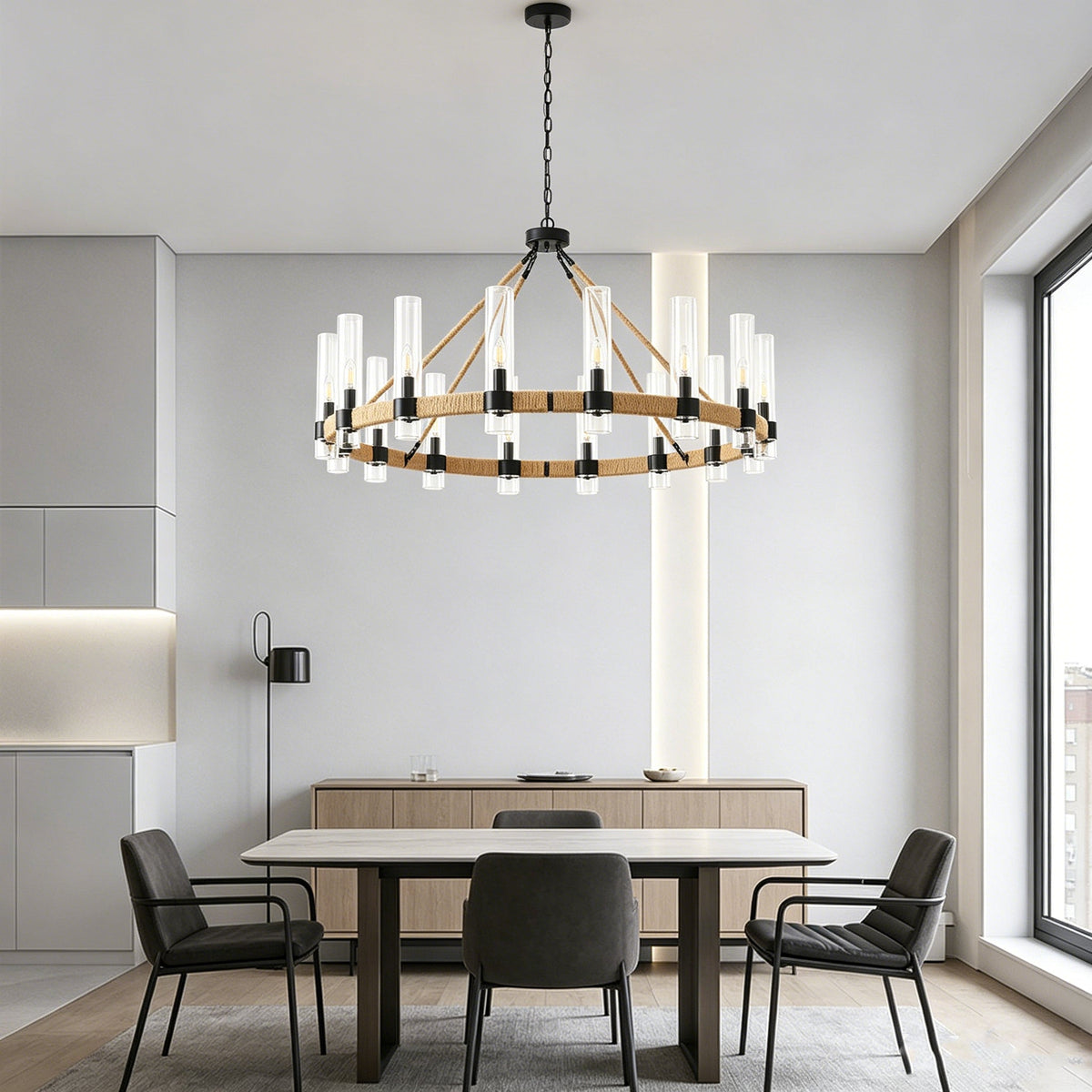 Rope-Wrapped Wagon Wheel Chandelier for Dining Room by AUVIELIGHT