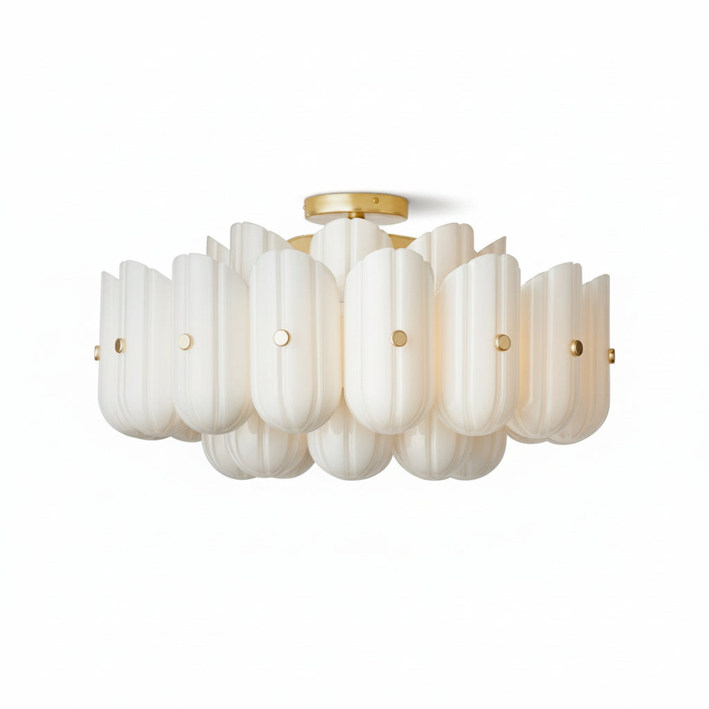 Origami Ceiling Light in glass for Living Room by AUVIELIGHT, Dia 63.5cm x H 33cm / ∅ 25″ x H 13″ / Gold & White / Warm Light