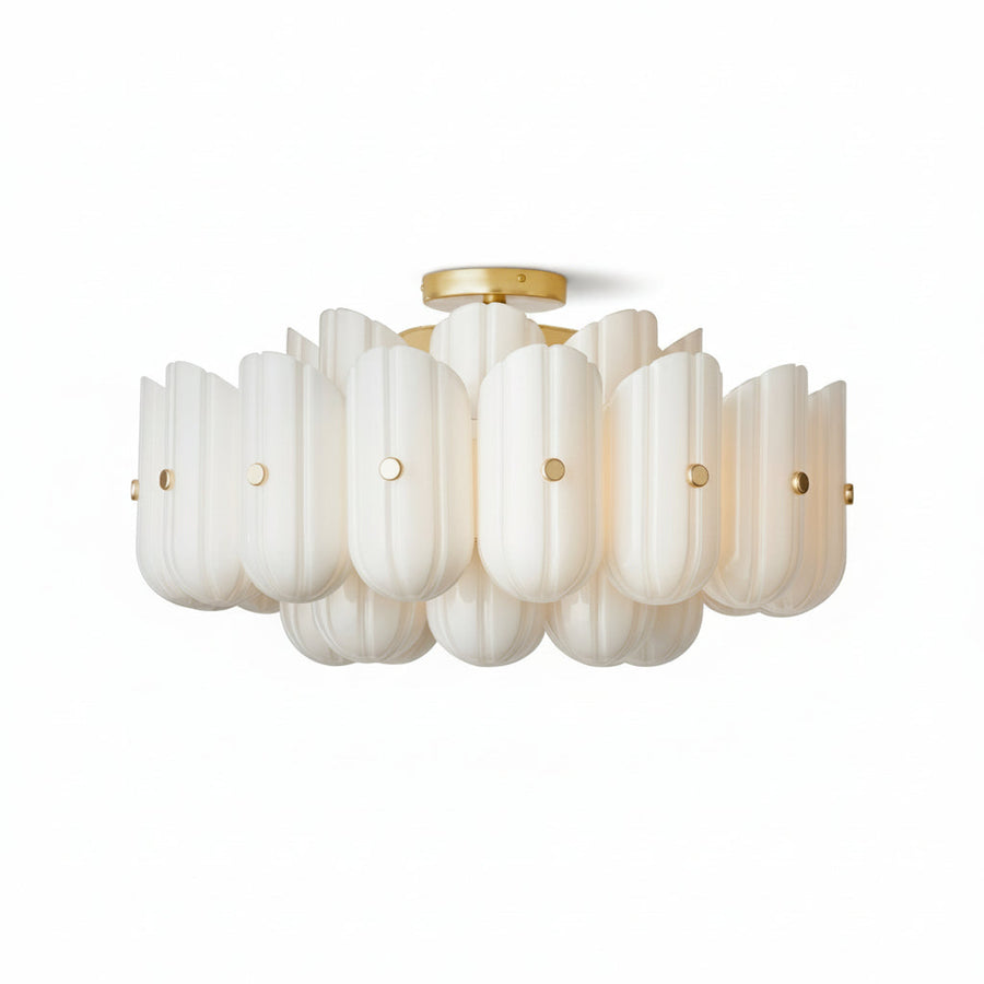 Origami Ceiling Light in glass for Living Room by AUVIELIGHT, Dia 63.5cm x H 33cm / ∅ 25″ x H 13″ / Gold & White / Warm Light