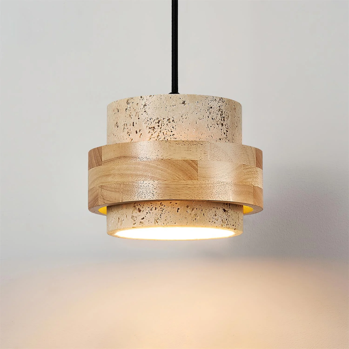 Modern Pendant Light in travertine for Kitchen Island by AUVIELIGHT, ∅ 6.7″ × H 4.9″ / Wood Color & Yellow Travertine. / Warm Light