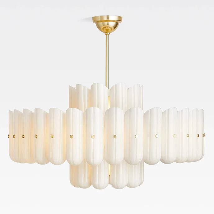 Origami Chandelier in glass for Dining Room by AUVIELIGHT, Dia 117cm x H 91.5cm / ∅ 46″ x H 36″ / Gold & White / Warm Light