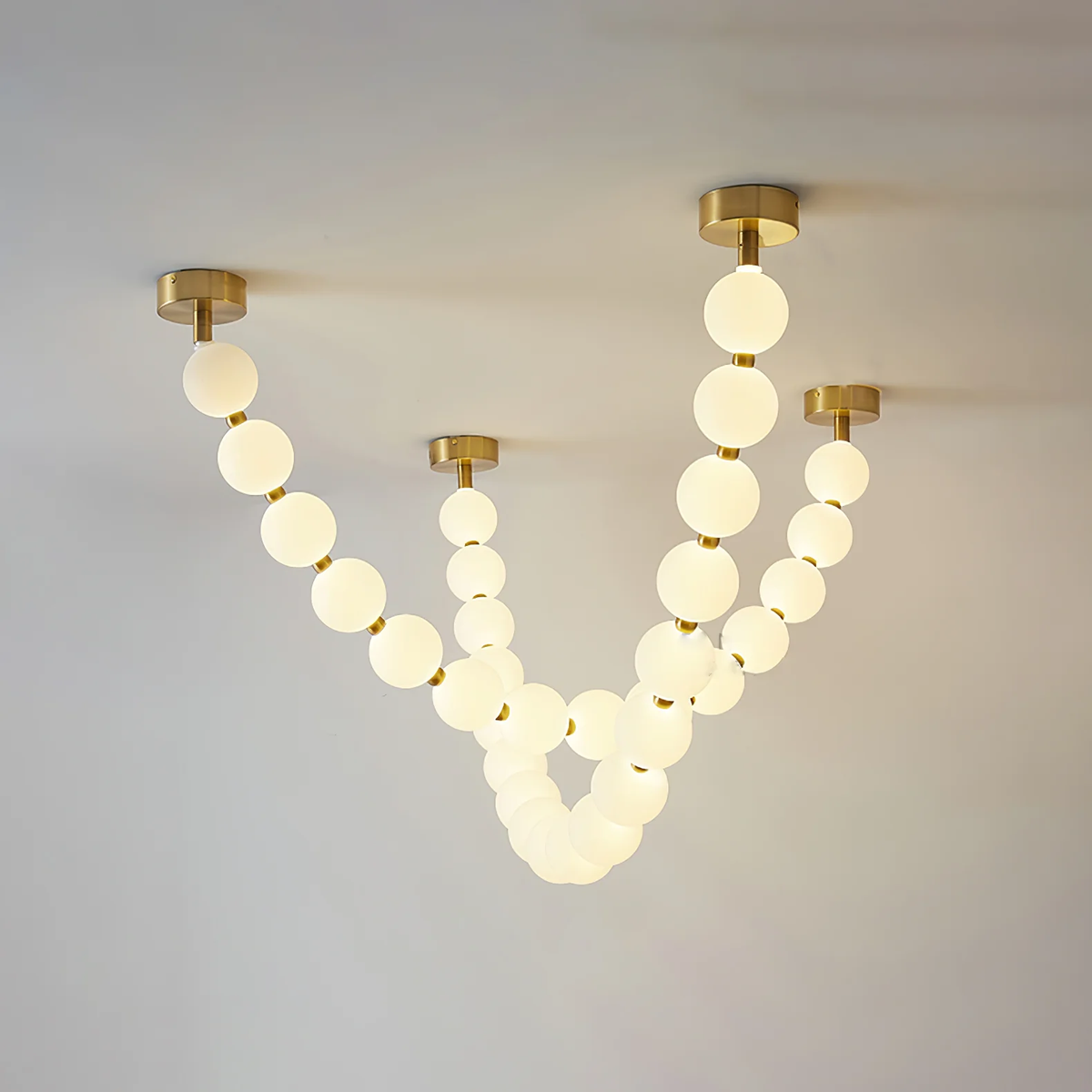 Pearl Necklace Chandelier for Dining Room by AUVIELIGHT, 2 Chain: 14 Balls L 78.7" + 18 Balls L102.4" / Gold & White / Warm Light
