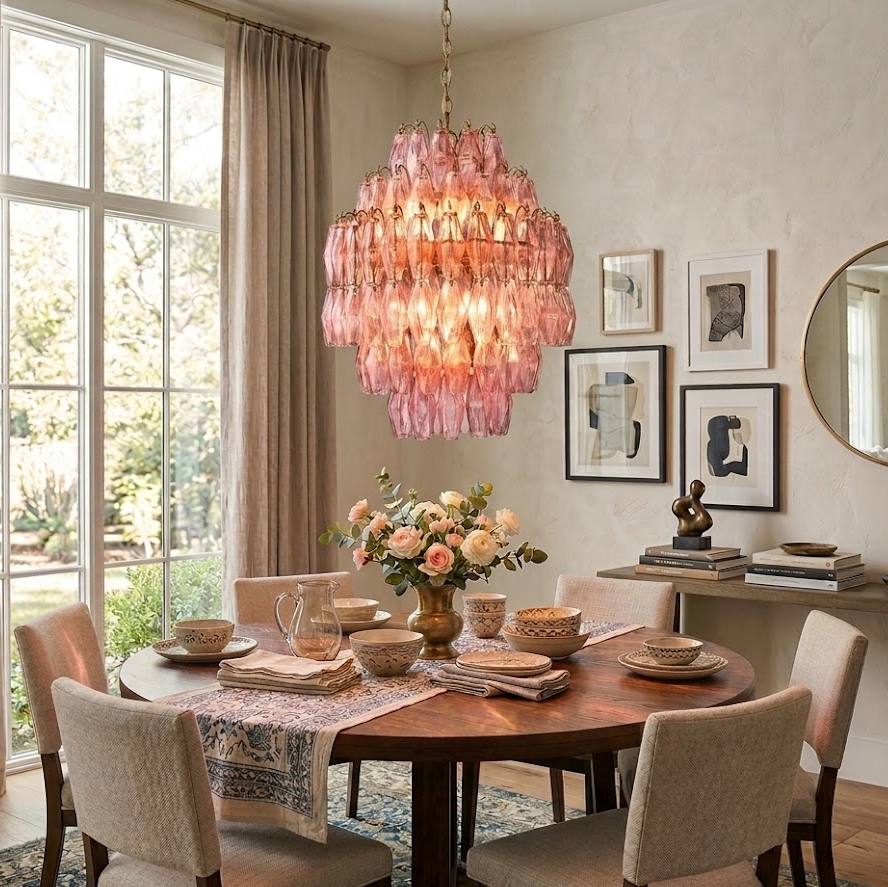 Faceted Prism Chandelier in pink glass for Dining Room by AUVIELIGHT