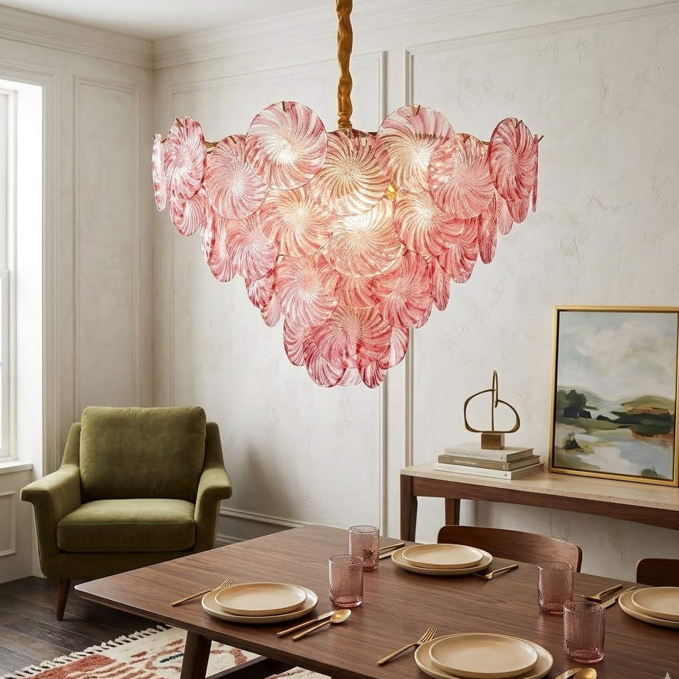 Swirl Disc Chandelier in pink glass for Dining Room by AUVIELIGHT