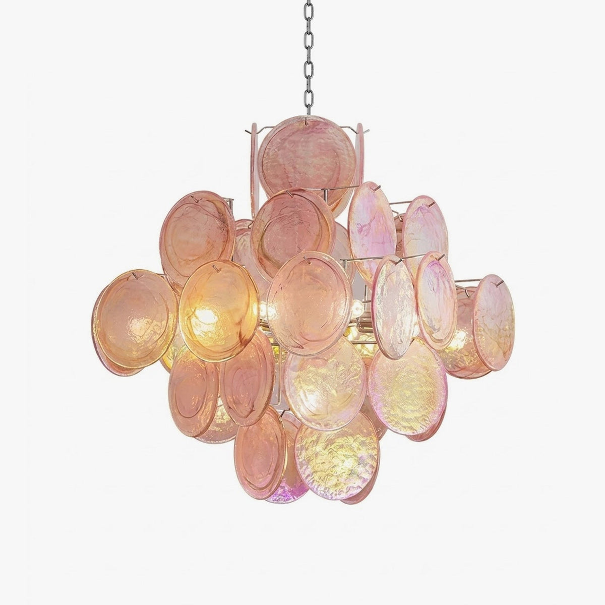 Aura Disc Chandelier in pink for Dining Room by AUVIELIGHT, Dia 79cm x H 73cm / ∅ 31.1″ x H 28.7″ / Pink & Nickel