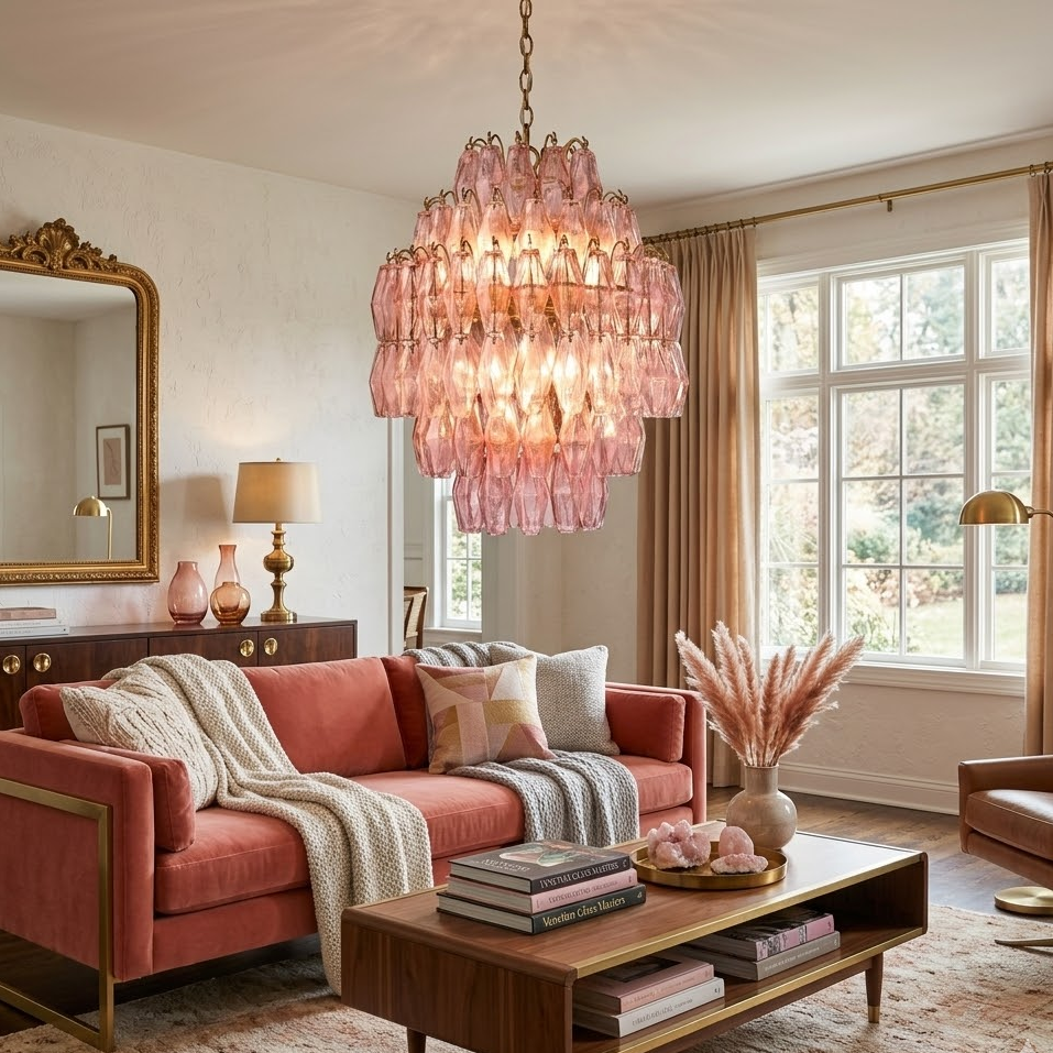 Faceted Prism Chandelier in pink glass for Dining Room by AUVIELIGHT