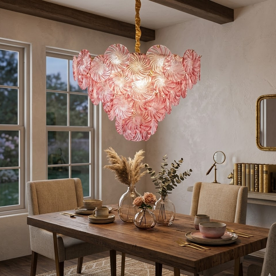 Swirl Disc Chandelier in pink glass for Dining Room by AUVIELIGHT