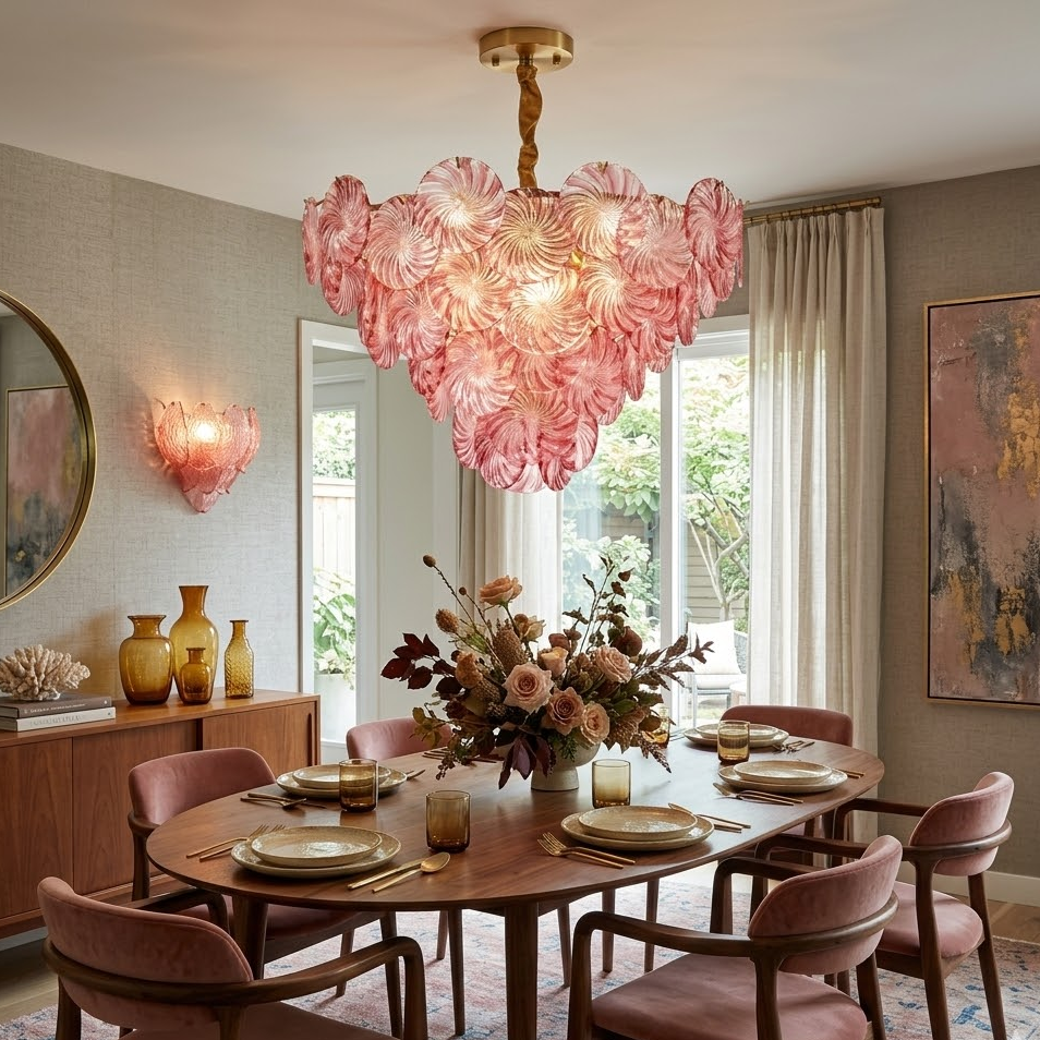 Swirl Disc Chandelier in pink glass for Dining Room by AUVIELIGHT