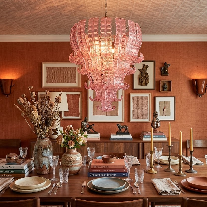 Ribbon Tiered Chandelier in pink glass for Dining Room by AUVIELIGHT