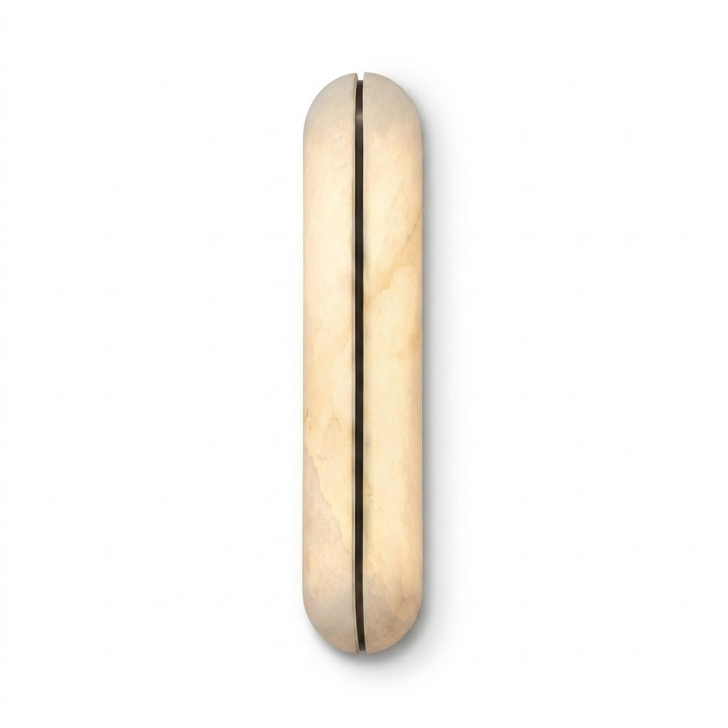Vertical Wall Sconce in alabaster for Hallway by AUVIELIGHT, Model B Dia 10cm x H 46cm / Dia 3.9 x H 18.1" / Black & White / Warm Light and 1