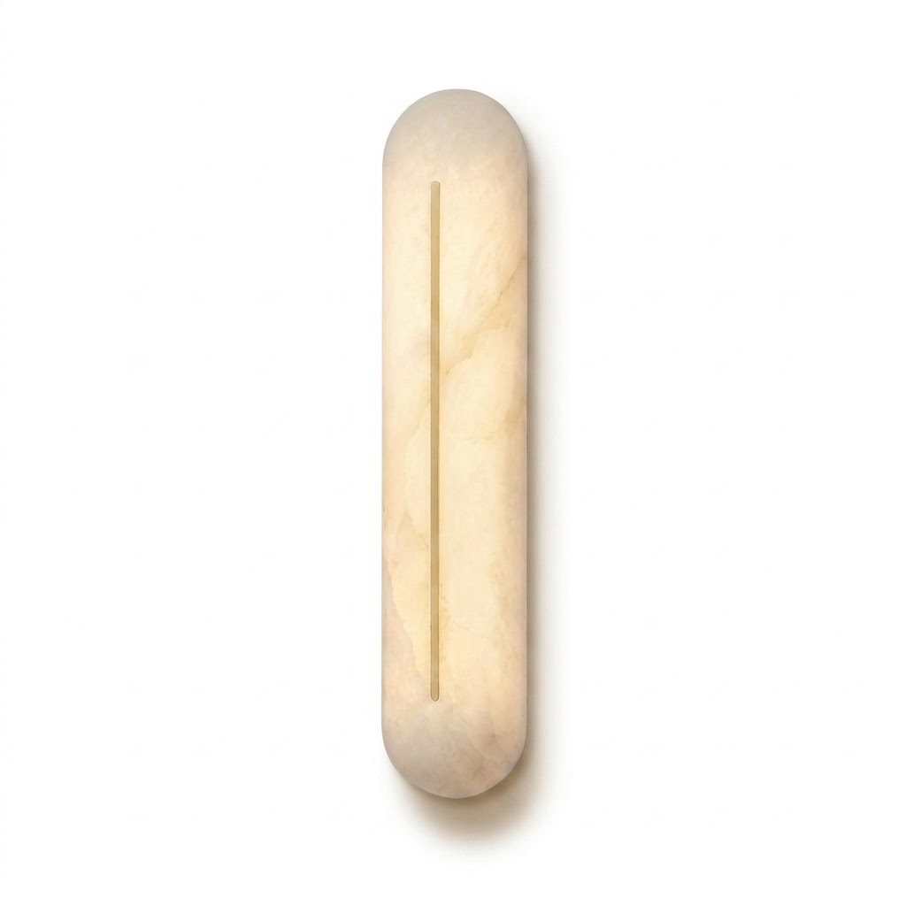 Vertical Wall Sconce in alabaster for Hallway by AUVIELIGHT, Model A Dia 10cm x H 46cm / Dia 3.9 x H 18.1" / Gold & White / Warm Light and 1