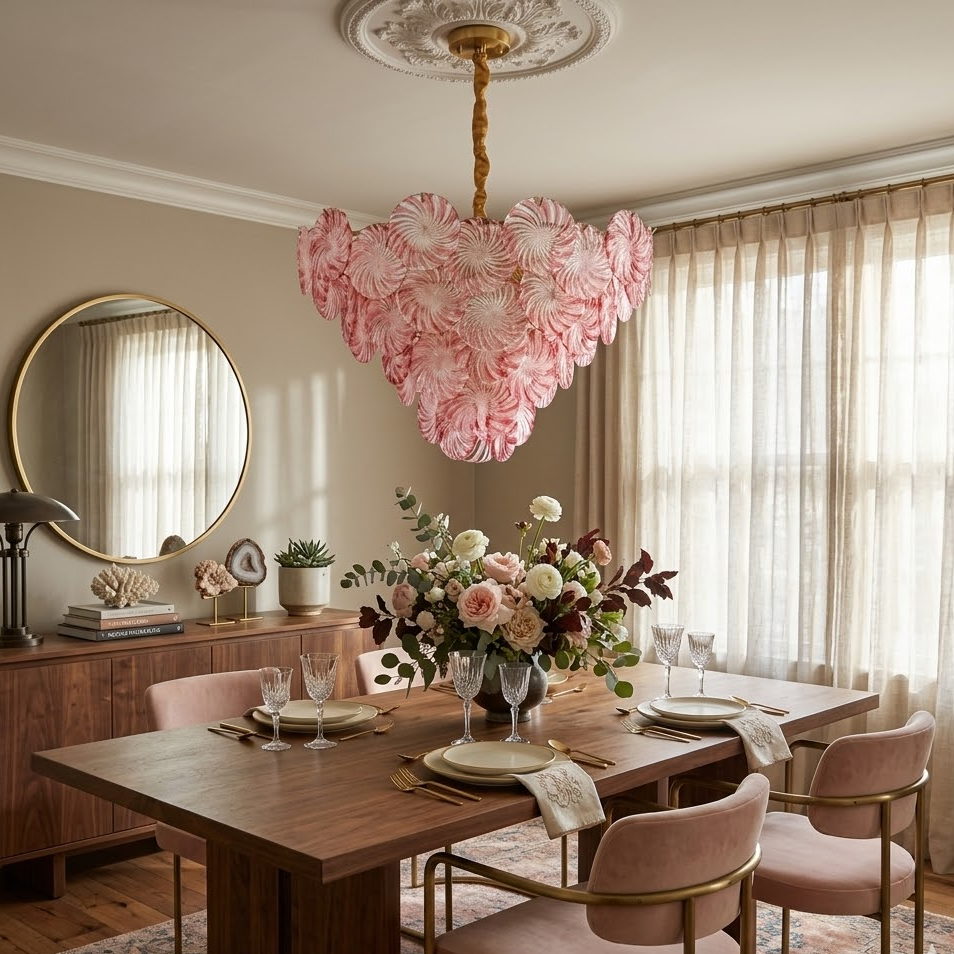 Swirl Disc Chandelier in pink glass for Dining Room by AUVIELIGHT