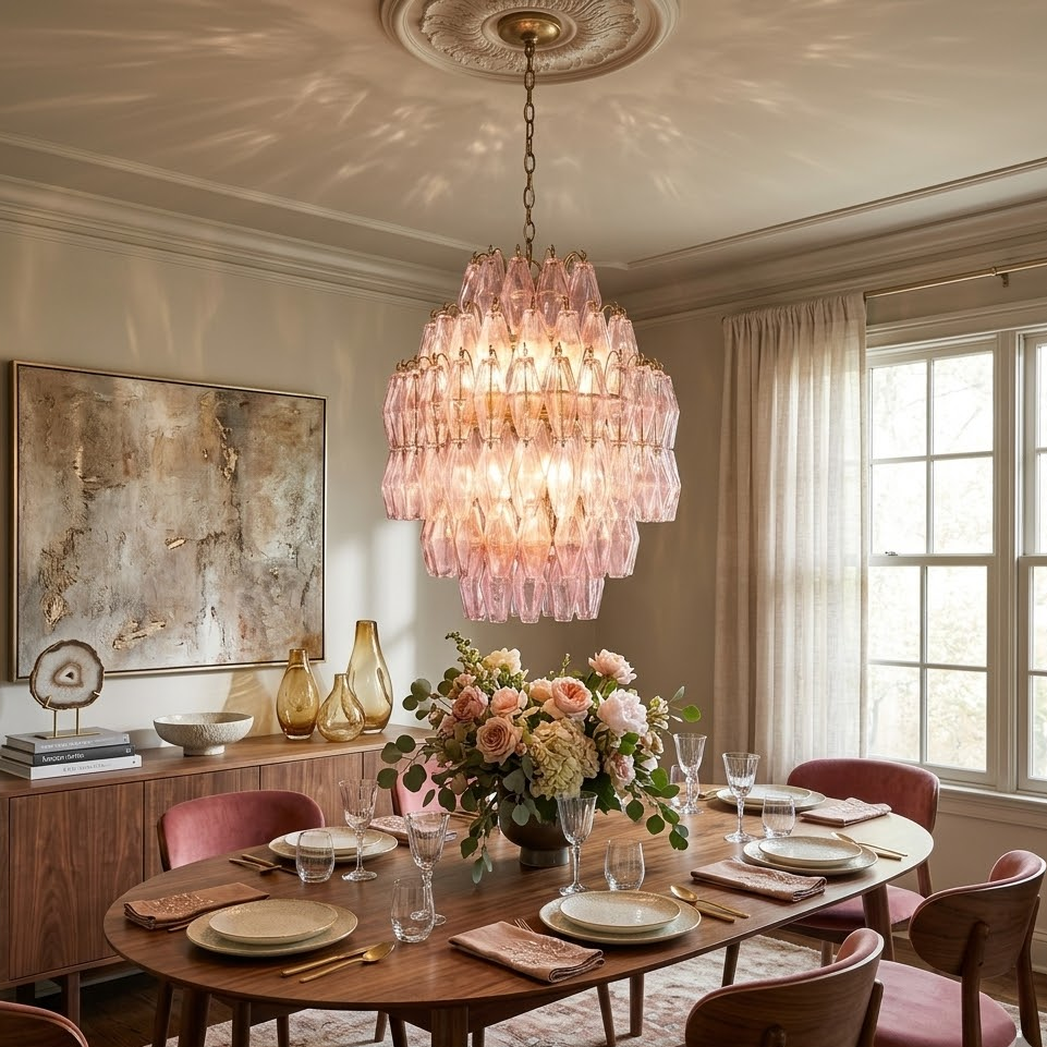 Faceted Prism Chandelier in pink glass for Dining Room by AUVIELIGHT