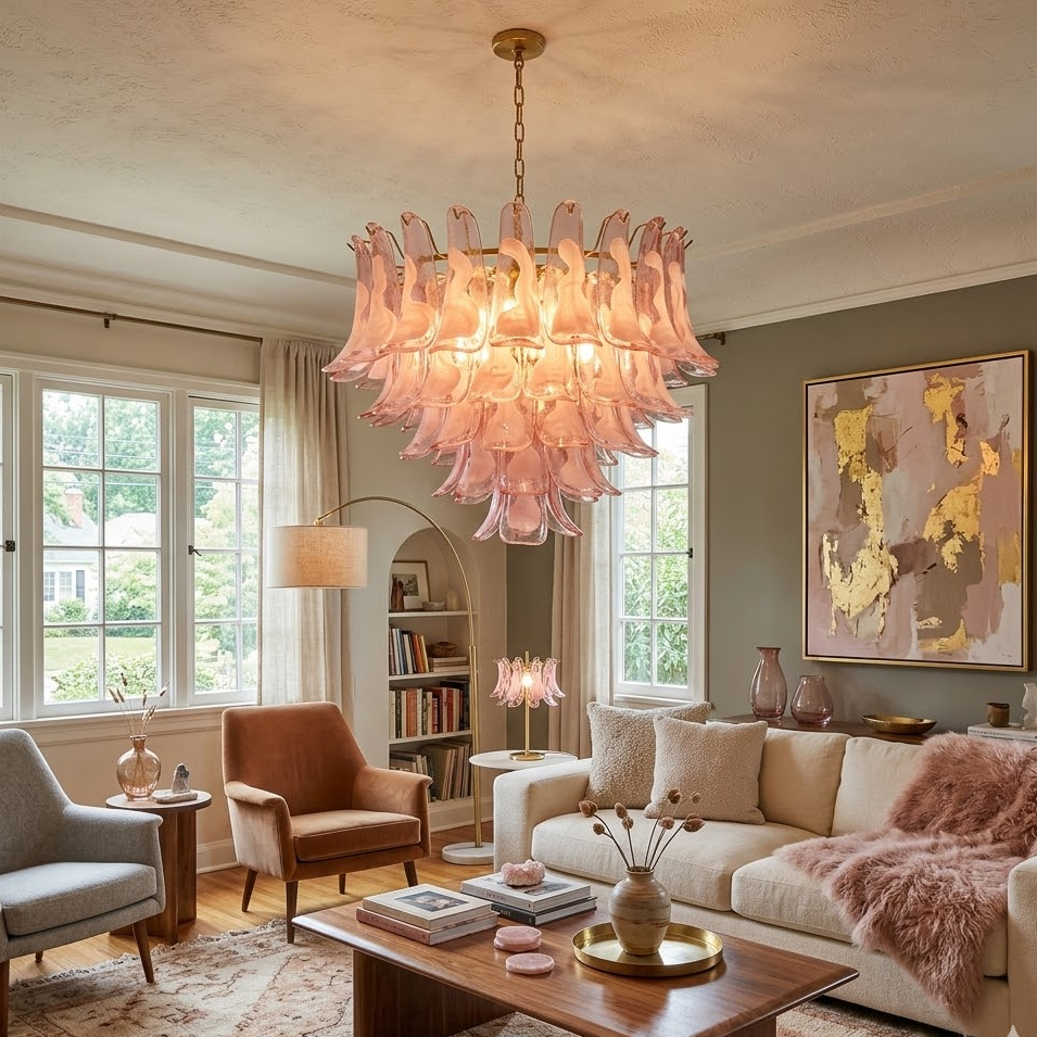 Athena Petal Chandelier in blush pink for Dining Room by AUVIELIGHT