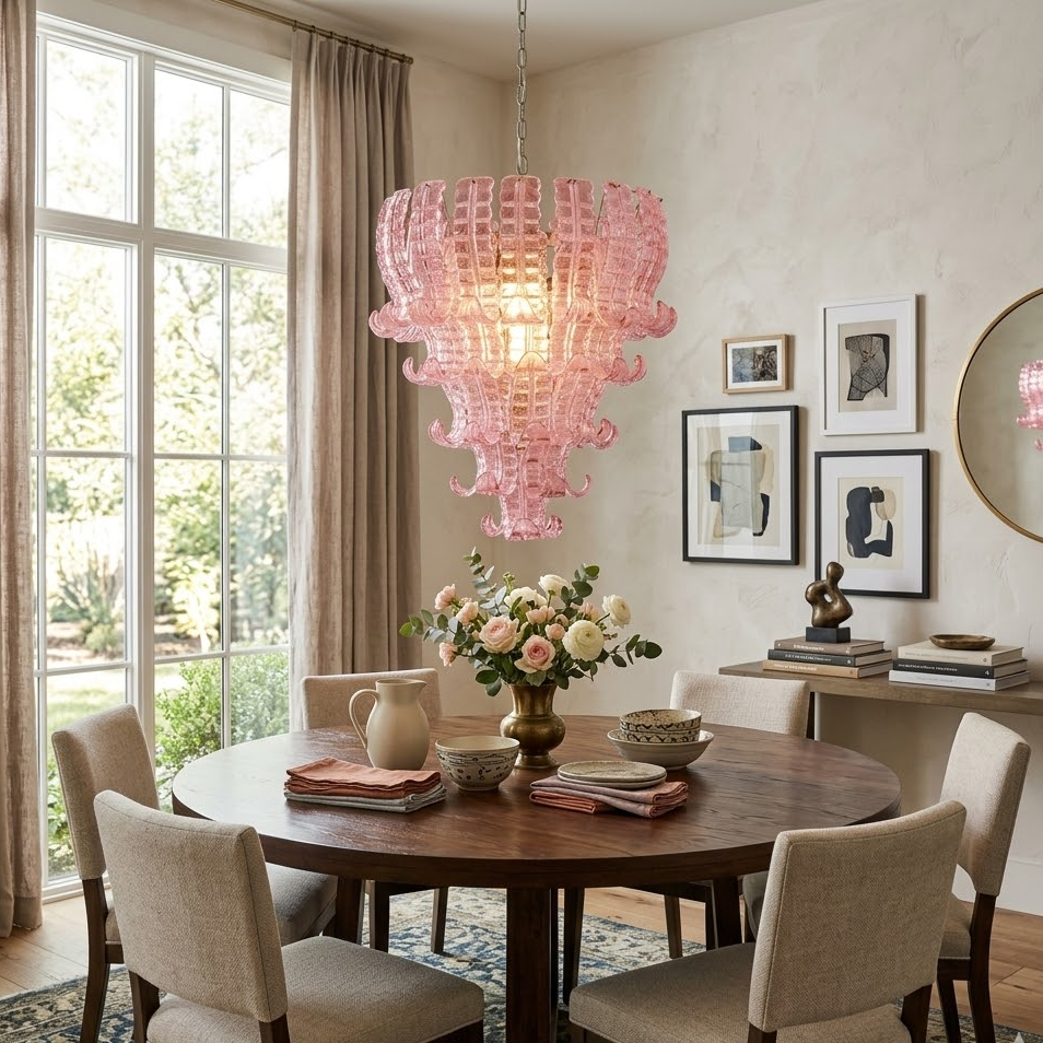 Ribbon Tiered Chandelier in pink glass for Dining Room by AUVIELIGHT