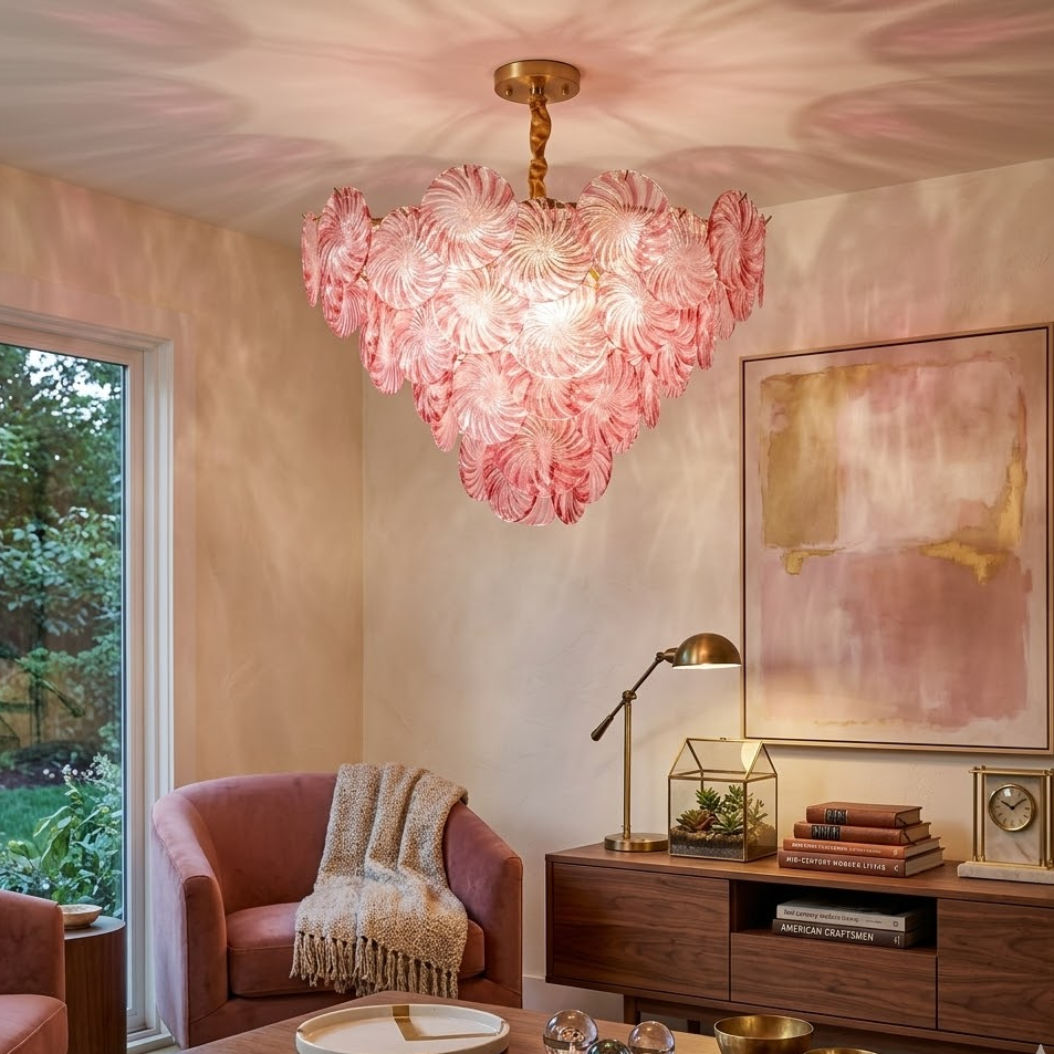Swirl Disc Chandelier in pink glass for Dining Room by AUVIELIGHT
