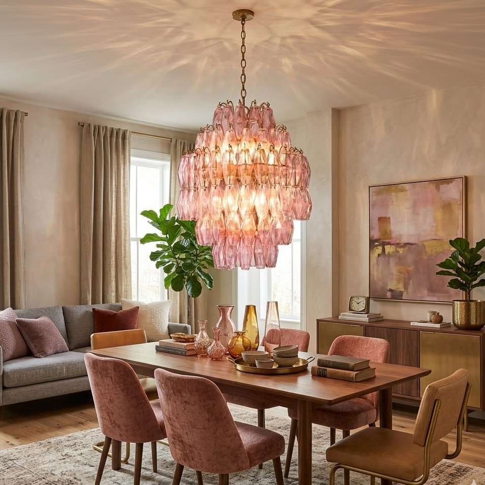 Faceted Prism Chandelier in pink glass for Dining Room by AUVIELIGHT