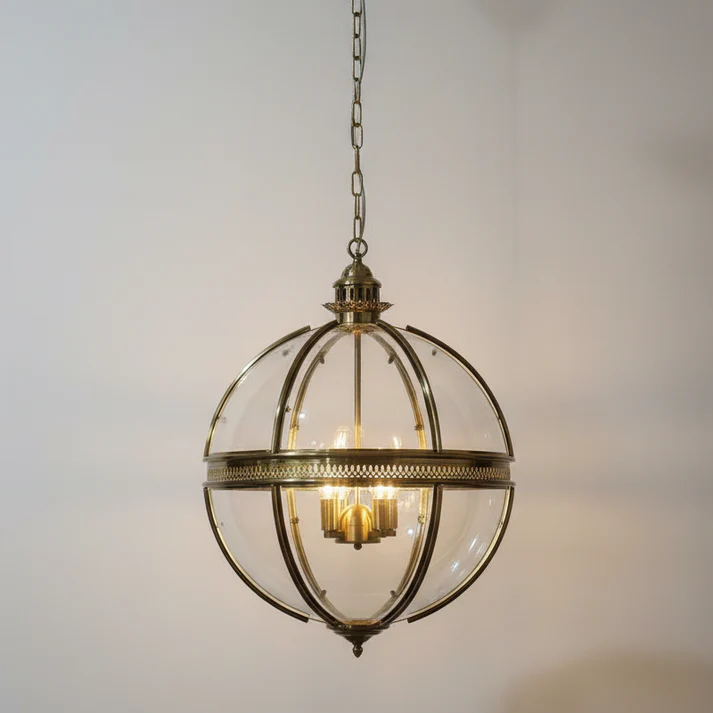 Globe Cage Chandelier in brass for Dining Room by AUVIELIGHT, 42cm x H 62cm / ∅ 16.5″ x H 24.4″ / Electroplated gold